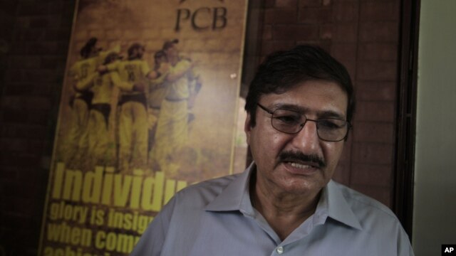Zaka Ashraf, chief of Pakistan Cricket Board gives details of upcoming Pakistan-Indian cricket series to reporters,  in Lahore, Pakistan, July 16, 2012.