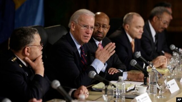 Vice President Joe Biden speaks after a roundtable discussion on gun control at Girard College in Philadelphia, Feb. 11, 2013.