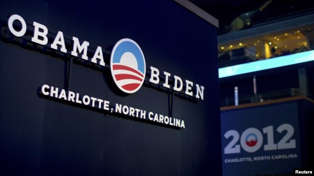 A sign for the campaign of US President Barack Obama is seen on August 31, 2012, at the site that will host the Democratic National Convention in Charlotte, North Carolina.