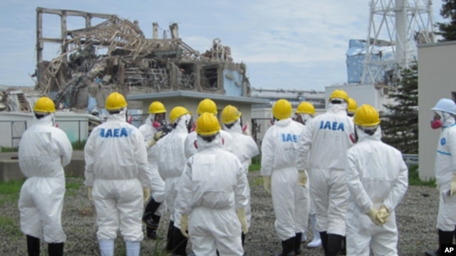 International Atomic Energy Agency (IAEA) inspection team members watch No.3 reactor at the crippled Tokyo Electric Power Co. Fukushima Daiichi nuclear power plant in Fukushima Prefecture, in this handout photo taken and released by TEPCO on May 27, 2011.