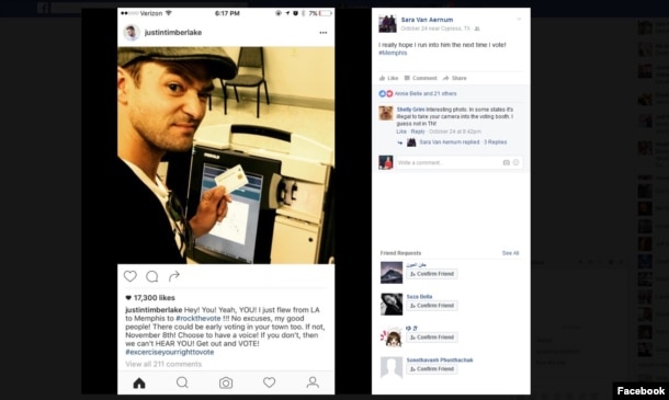 Justin Timberlake's Facebook post, showing that he flew to Tennessee to cast his vote early.