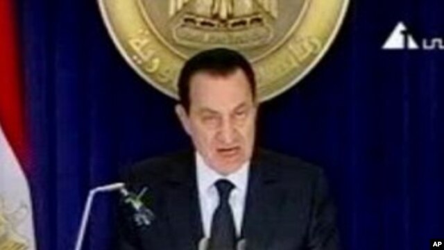 In this image made from video broadcast on Friday, Jan. 28, 2011, Egyptian President Hosni Mubarak appears on television, in his first appearance on television since protests erupted demanding his ouster