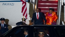 South African President Jacob Zuma and his wife Bongi Ngema arrive at Andrews Air Force Base, Md., Aug. 3, 2014 to attend the US - Africa Leaders Summit.