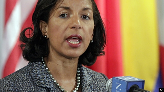 U.S. Ambassador Susan Rice speaks during a press conference consultations at the United Nations headquarters. Rice, the current president of the United Nations Security Council, and other council members are meeting to discuss Thursday's failed rocket lau