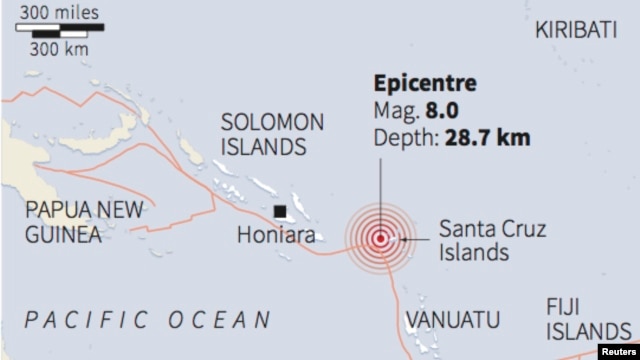 Titik pusat gempa di dekat kepulauan Solomon yang mengguncang wilayah ini, Rabu, 6 Februari 2013 (Grafik: REUTERS). 