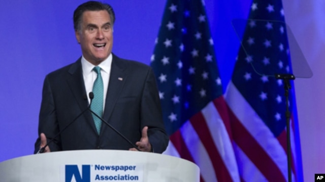 Republican presidential candidate, former Massachusetts Gov. Mitt Romney speaks at the Newspapers Association of America/ American Society of News Editors luncheon gathering in Washington, Wednesday, April 4, 2012. 