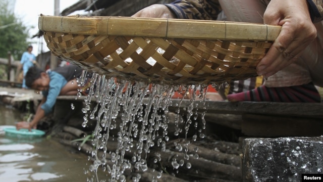People clean fish on the Mekong riverbank in Phnom Penh December 9, 2011. 