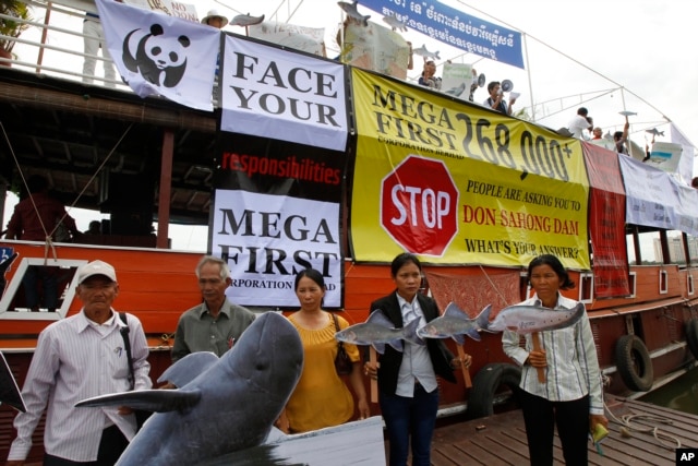 FILE - Cambodian nongovernmental organization activists hold a cutout of a Mekong dolphin, left, and cutout of other species during a protest against the proposed Don Sahong dam, in Phnom Penh, Cambodia, Sept. 11, 2014.