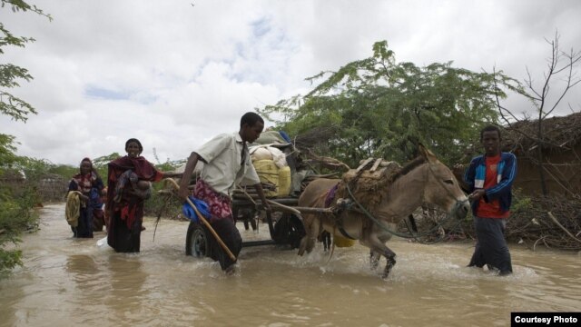 Somali refugees flee flooding in Dadaab, Kenya, an area prone to both drought and flooding from a changing climate. (UNHCR, B. Bannon)