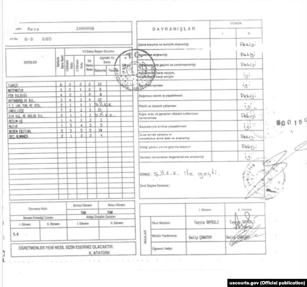Rıza Sarraf'ın delil olarak sunulan ortaöğretim karnesi