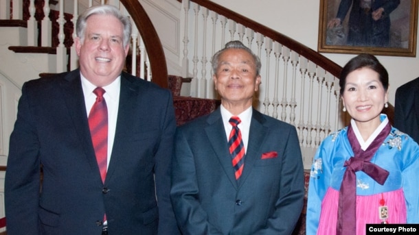 From left to right: Maryland governor Larry Hogan, Tun Sovan, and Yumi Hogan, wife of Larry Hogan. This photo was taken in 2015 at the Maryland Residence. (Photo courtesy of Tun Sovan)