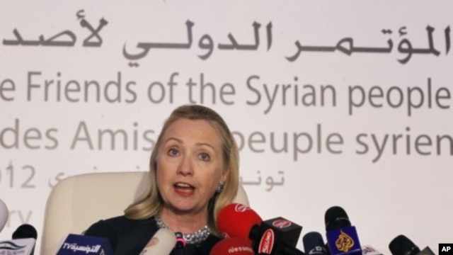 Secretary of State Hillary Clinton speaks at a news conference following the Friends of Syria Conference in Tunis, February 24, 2012.