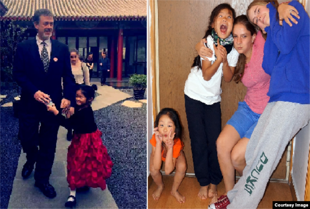 右：2014年公和人物、前中央民族学院美籍教师卢百可和他的女儿们。左：卢百可和小女儿，看这孩子的小鸟依人的动态神情，能知道这因祸得福的孩子有多幸福（卢百可提供）
