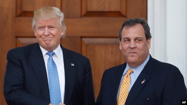 President-elect Donald Trump, left, and New Jersey Gov. Chris Christie shake hands at the Trump National Golf Club Bedminster clubhouse in Bedminster, N.J., Nov. 20, 2016.