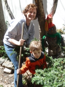 Alexandra Patz gardens with her son, Douglas.