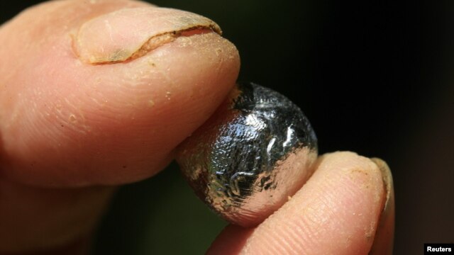 A gold miner shows a gold-mercury amalgam at an artisanal mining in Abangares, north of San Jose, December 9, 2009.