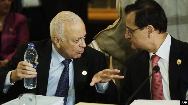 Arab League Secretary General Nabil al-Arabi (L) and Lebanese Foreign Affairs Minister Adnan Mansur (R) talk during the opening session of the Arab foreign minister meeting in Cairo, March 6, 2013.