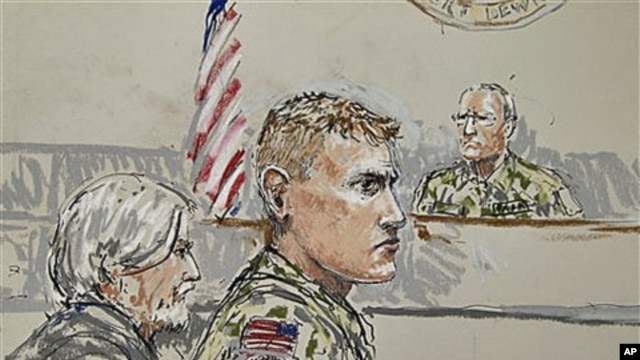 U.S. Army Staff Sgt. Calvin Gibbs (C) is shown in this courtroom sketch, with Phillip Stackhouse, Gibbs' civilian attorney (L), and Investigating Officer Col. Thomas P. Molloy (R), who is overseeing the Article 32 hearing in a military courtroom on Joint 