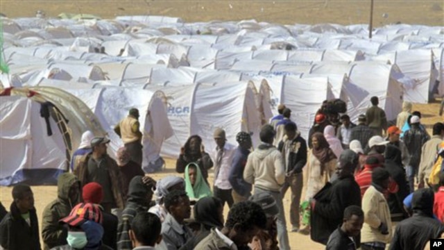 Migrant workers who used to work in Libya and fled the recent unrest in the country, are seen in a refugee camp at the Tunisia-Libyan border, in Ras Ajdir, Tunisia, March 9, 2011,. (AP Image)