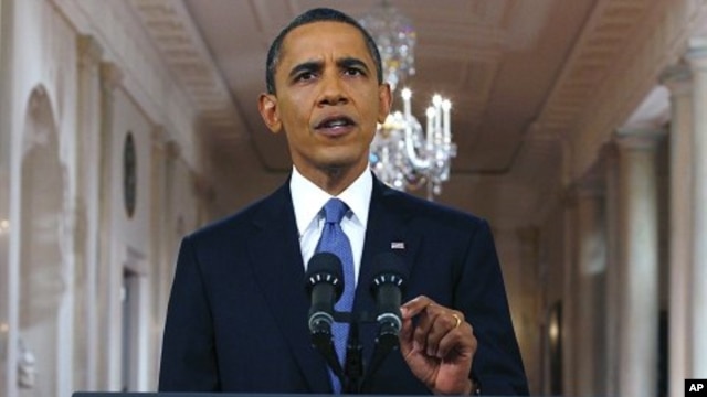 President Barack Obama announces his plan to begin withdrawing US troops from Afghanistan from the East Room of the White House on June 22, 2011.