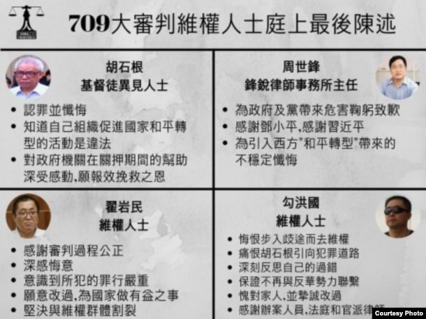 中国维权律师关注组总结的“709”审判四名被告人庭上最后陈述（网络截图）。