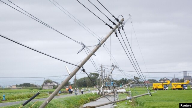 Gió mạnh do bão Goni mang lại quật ngã các cột điện tại thị trấn Kamimine, Nhật Bản.