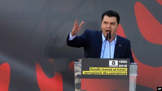 Albania’s main opposition Democratic Party leader Lulzim Basha speaks at an anti-government rally in downtown Tirana, Dec. 8, 2015.
