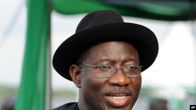Nigerian President Goodluck Jonathan delivers a speech in Port Harcourt on 14 May 2010