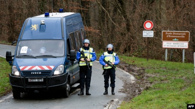 French gendarmes block access to the town of Dammartin-en-Goele, France, on Jan. 9, 2015.