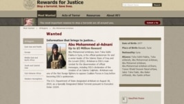 Ảnh chụp từ trang web của Bộ Ngoại giao Mỹ mô tả chi tiết về khoản tiền thưởng cho những ai cung cấp thông tin về Abu Mohammed al-Adnani, phát ngôn viên của nhóm Nhà nước Hồi giáo.
