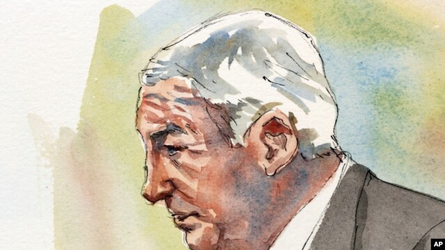 Ilustración de Jerry Sandusky mientras escucha el testimonio de sus supuestas víctimas.