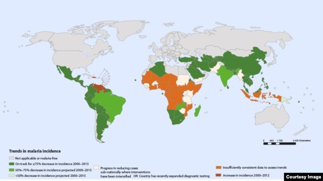 World Health Organization map displays progress in combating malaria between 2000 - 2012