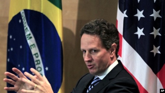 U.S. Secretary of the Treasury Timothy Geithner speaks during a meeting with Brazilian students at Getulio Vargas Foundation in Sao Paulo, February 7, 2011