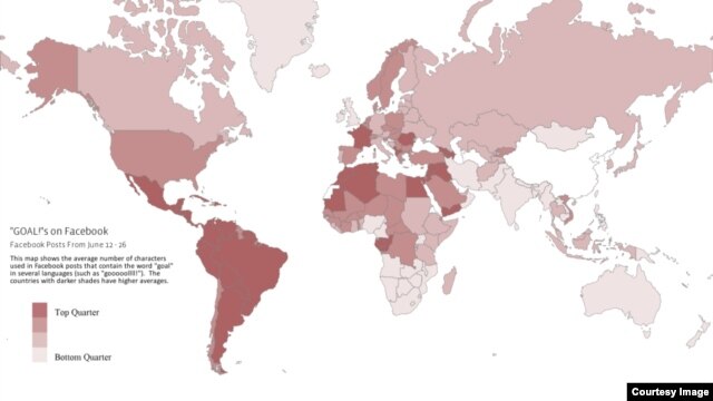 This map, provided by Facebook, shows how many characters, on average, users from each country type their version of the word "goal" in Facebook posts.