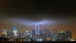 The "Tribute in Lights" in New York on September 11, 2011, marking the tenth anniversary of the destruction of the Twin Towers of the World Trade Center