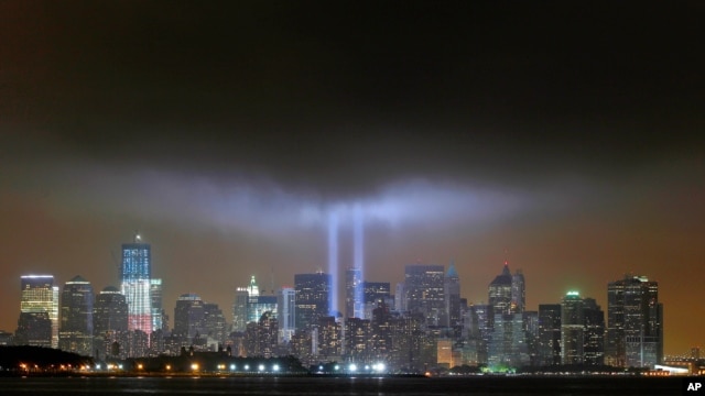 The "Tribute in Lights" in New York on September 11, 2011, marking the tenth anniversary of the destruction of the Twin Towers of the World Trade Center