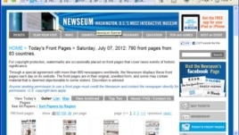 The website displays the front pages of eight hundred thirty-six newspapers from ninety-three countries