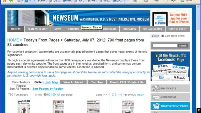 The website displays the front pages of eight hundred thirty-six newspapers from ninety-three countries