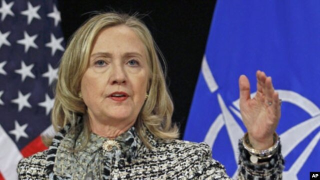 U.S. Secretary of State Hillary Clinton speaks at a news conference at the Alliance headquarters in Brussels, April 18, 2012.