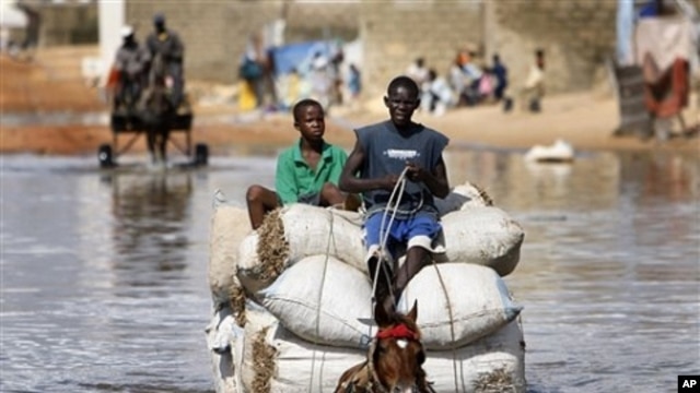 Horse cart drivers transport goods and passengers through deep flood waters in Sicap Mbao, a neighborhood on the outskirts of Dakar, Senegal, Saturday, Sept. 12, 2009