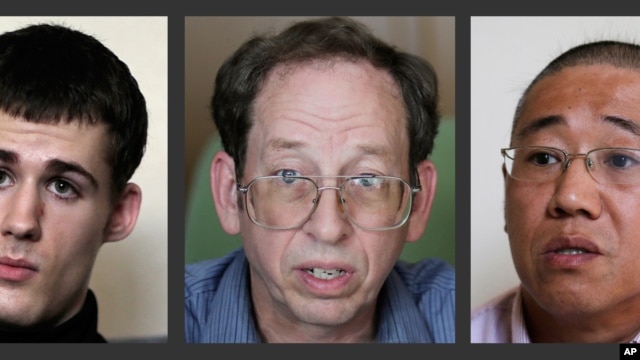 Matthew Miller(kushoto)Jeffrey Fowle (Katikati) Kenneth Bae (Kulia) Wamarekani walioachiwa huru na Korea Kaskazini