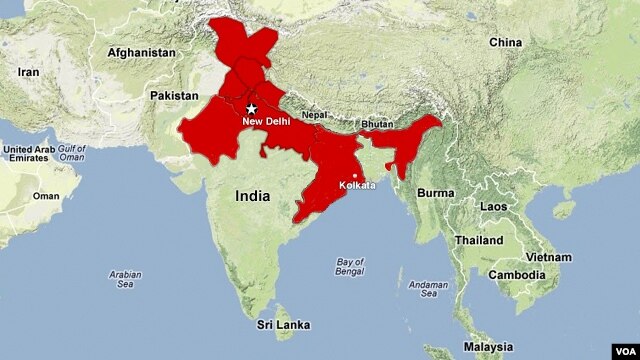A map showing the areas in north and northeast India affected by the power outages.
