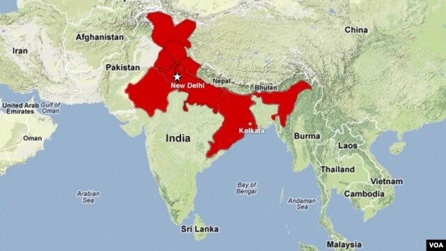 A map showing the areas in north and northeast India affected by the power outages. 