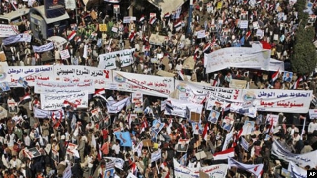 Supporters of Yemeni President Ali Abdullah Saleh hold banners and raise his portraits during a rally in support of Saleh and his government in Sanaa,Yemen, Thursday, Feb. 3, 2011.