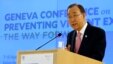 U.N. Secretary-General Ban Ki-moon addresses the Conference on the Prevention of Violent Extremism at the United Nations in Geneva, Switzerland, April 8, 2016.