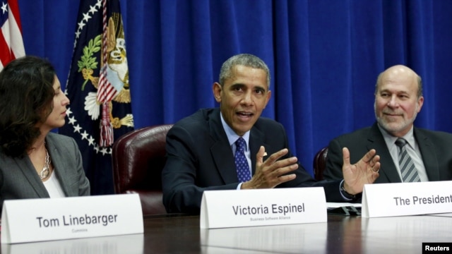 美國總統奧巴馬在首都華盛頓美國農業部出席有關TPP的農業與商界領導人會議。 （2015年10月6日）