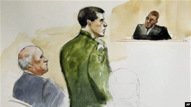 In this courtroom sketch made Wednesday, March 23, 2011, Spc. Jeremy Morlock, center, of Wasilla, Alaska, is shown with his attorney, left, and Military Judge Lt. Col. Kwasi Hawks, right during a court martial at Joint Base Lewis-McChord in Washington sta
