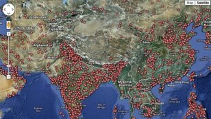 Each red dot on this screen shot from the Ventus website  represents a power plant.  (Ventus Project)