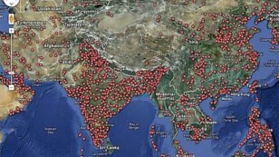 Each red dot on this screen shot from the Ventus website  represents a power plant.  (Ventus Project)