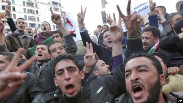 Algerian protesters chant slogans during a demonstration in Algiers, Algeria, February 12, 2011